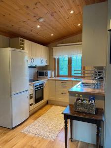 莫尔德Frittliggende hytte i flott turterreng的一间厨房,配有白色家电和木制天花板
