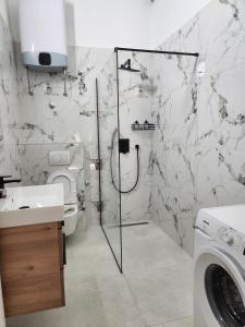 卡什泰拉Apartman LIBRA的带淋浴、卫生间和盥洗盆的浴室