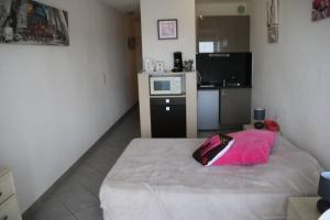 阿格德角Studio 721, Port Nature 7 au village naturiste的一间卧室配有一张带粉红色枕头的床