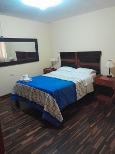 巴兰卡HOTEL CASTILLO MAGICO (EX CHAVIN SEÑORIAL?的一间卧室配有一张带蓝色毯子的大床