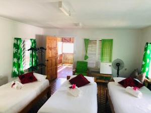 阿皮亚阿坡拉高地休息室宿加早餐旅馆的客厅设有两张带绿色窗帘的床