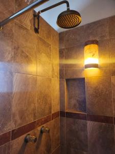 乔卢拉Hotel Santa Irene的墙上设有灯光淋浴的浴室