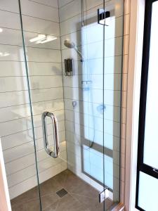 惠灵顿U Suites on Rongotai Rd的浴室里设有玻璃门淋浴