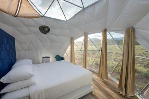 托里Skyview Hotel的一个带窗户的帐篷内一间卧室,配有一张床