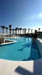 贝鲁特Riviera Hotel and Beach Lounge, Beirut的一座棕榈树环绕的大型游泳池