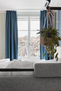 伯尔尼Stay KooooK Bern City - Online Check In的客厅设有窗户,配有蓝色窗帘和植物