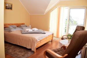 哈卡尼Nóra apartman的一间卧室设有两张床、一把椅子和一个窗户。