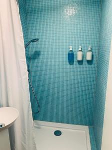 DänikenAlte Scheune, Parken-WLAN-Küche-Bad-Tierlieb的带淋浴的浴室(带蓝色瓷砖墙)