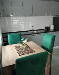 斯雷姆斯卡米特罗维察Apartman Green!!的一张带绿色椅子的厨房桌和花瓶
