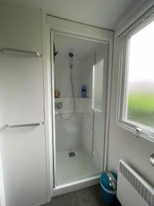 拉特斯Mobil-home Clim, Tv, Lv - Camping Lac des Rêves 4 étoiles - 010的带窗户的浴室内的白色淋浴