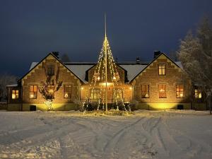 VankivaAlmaån Bed and Breakfast的大房子,雪中有一棵圣诞树