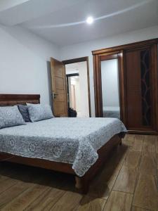 贝贾亚Appartement Niché au cœur de Bejaia的一间卧室配有一张大床和镜子