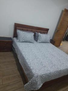 贝贾亚Appartement Niché au cœur de Bejaia的一间卧室配有一张带蓝色毯子和枕头的床。