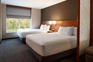 兀兰休斯顿/兀兰凯悦广场酒店的酒店客房设有两张床和窗户。