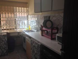 贝宁城Charming 2-Bed Cottage in Benin City的厨房配有水槽和带镜子的台面