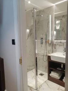 哈罗The Tudor Hotel的带淋浴和盥洗盆的浴室