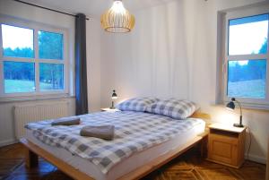 StudzieniceOśrodek wypoczynkowy Jezioro的一间卧室设有一张大床和两个窗户