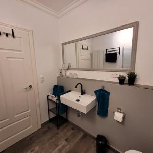 ZarrentinFerienwohnung Abendsonne的浴室设有白色水槽和镜子