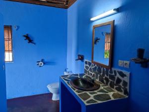 贝岛Auberge Le Lagon的蓝色的浴室设有水槽和镜子