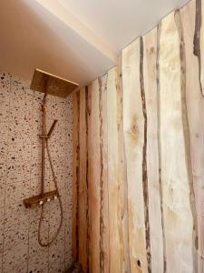 沃索Villa Meidi的带淋浴的浴室(带木墙)