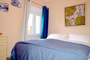 普莱克Wohnung mit Meerblick Romy的一间卧室配有一张带蓝色床单的床和一扇窗户。