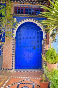 舍夫沙万Hotel Dar Annasr的一座有植物的房子的蓝色门