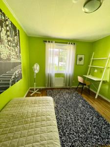 皮特奥Centralt belägen villa i Öjebyn, Piteå的一间卧室设有绿色的墙壁、一张床和窗户