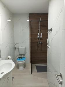 卡尔卢巴格Holiday House Rose的浴室配有卫生间、盥洗盆和淋浴。