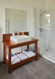 DoudevilleLa Maison de Charlotte的浴室配有水槽、淋浴和浴缸。