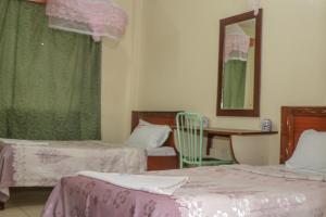 内罗毕KAP Guest House的客房设有两张床和一张带镜子的桌子