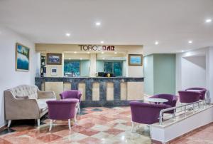 锡德Labranda Excelsior Hotel的一间设有紫色椅子和药房的等候室