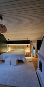 萨翁林纳Huvila Kyrönniemi的一间大卧室,配有床和地毯