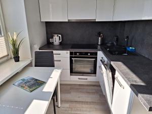 姆尔斯拉格斯Dzintaru apartamenti的厨房配有白色橱柜和带水槽的桌子