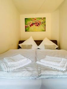 吕丁豪森Fewo an der Stever的两张带白色床单和壁画的床