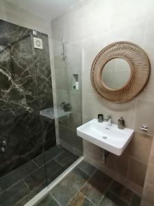 赫尔采格诺维Apartments Villa Kukoljac的浴室配有盥洗盆和带镜子的淋浴