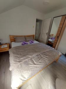 亚伊采Apartman Trupsi的一间卧室配有一张大床,上面有紫色枕头