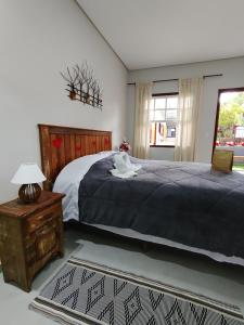 蒂拉登特斯Pouso Casa da Vovó的一间卧室配有一张床、一张桌子和一个窗户。