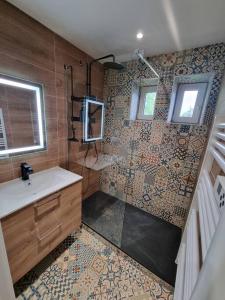 米卢斯Les Alliés的浴室配有盥洗盆和瓷砖淋浴