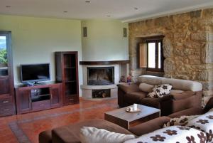 Casa rural con piscina的带沙发和石墙的客厅