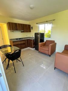 巴拉奥纳省圣克鲁斯Hotel La Playa的厨房配有沙发、椅子和桌子