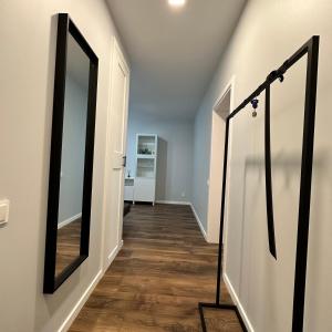 Kazlų RūdaCozy Apartment Kazlų Rūda的走廊设有镜子和木地板