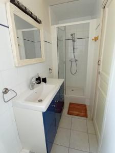 HeuquevilleChâteau de Heuqueville的白色的浴室设有水槽和淋浴。