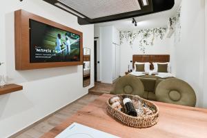 普雷韦扎Sabbia Mini Pool Suites的客厅配有电视、沙发和床。