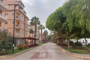 拉斯加莱塔斯Seaside apartment with balcony的棕榈树和建筑城市的一条空无一人的街道