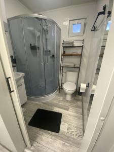 济里克泽Tiny House QiriH的带淋浴和卫生间的浴室
