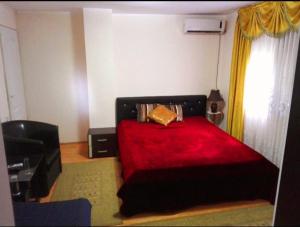 索科矿泉村Studio Isakovic的一间卧室配有红色的床和红色毯子