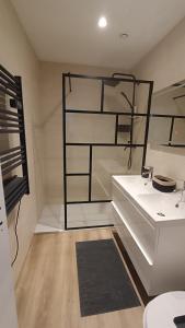 图卢兹Duplex - Palais de Justice的浴室设有白色水槽和黑色架子。