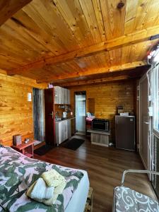 贝尔格莱德Kuca i splav na reci Savi的客房设有一张床和一间带木制天花板的厨房
