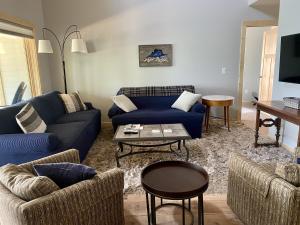 WashburnBodin's Resort的客厅配有蓝色的沙发和椅子