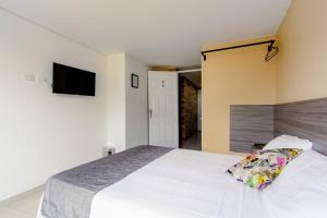 伊瓦格EDIFICIO Niza80 ibague的卧室配有白色的床和平面电视。